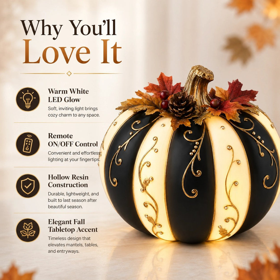 Lighted Black & Ivory Pumpkin Decor With Remote