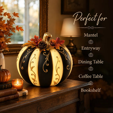 Lighted Black & Ivory Pumpkin Decor With Remote